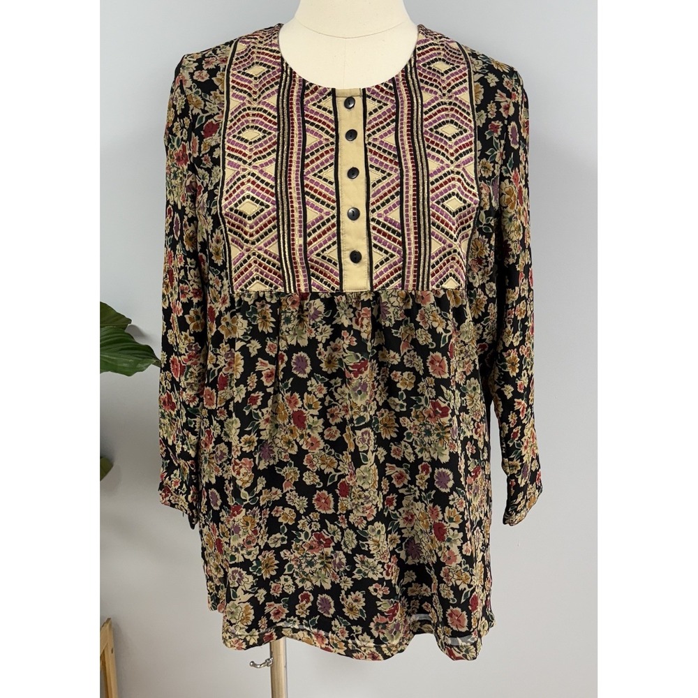 Ulla Popken A-line Fit Tunic Top 12/14 Boho Bib Floral Print Lagenlook Prairie